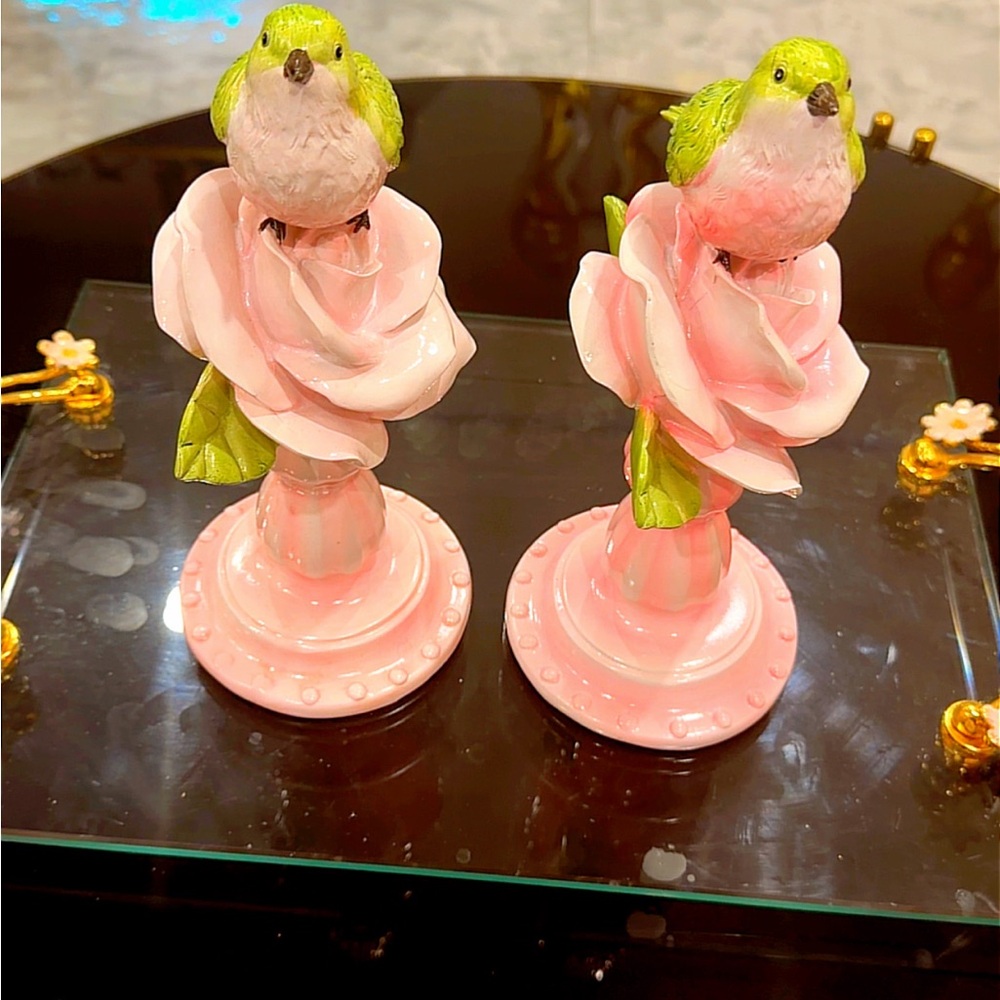 Pink Rose Bird Figurine Pair - Home Accent